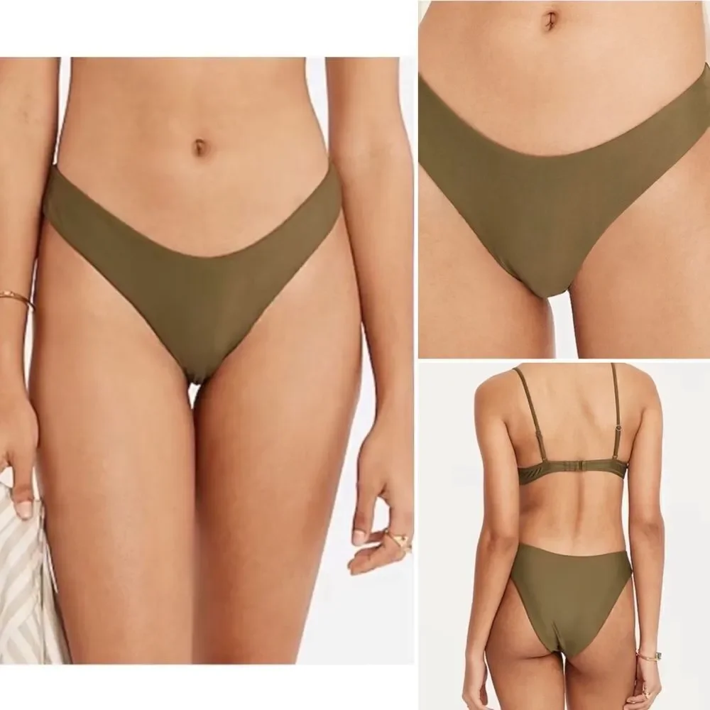 J Crew Safari Green Curved Waist Cheeky Bikini Bottom NWT